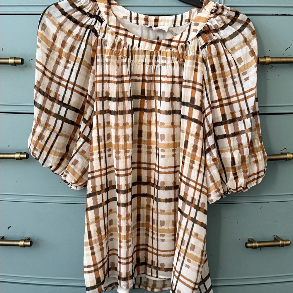 NWT Calvin Klein Brown Plaid Puff Sleeve Blouse. Sz S